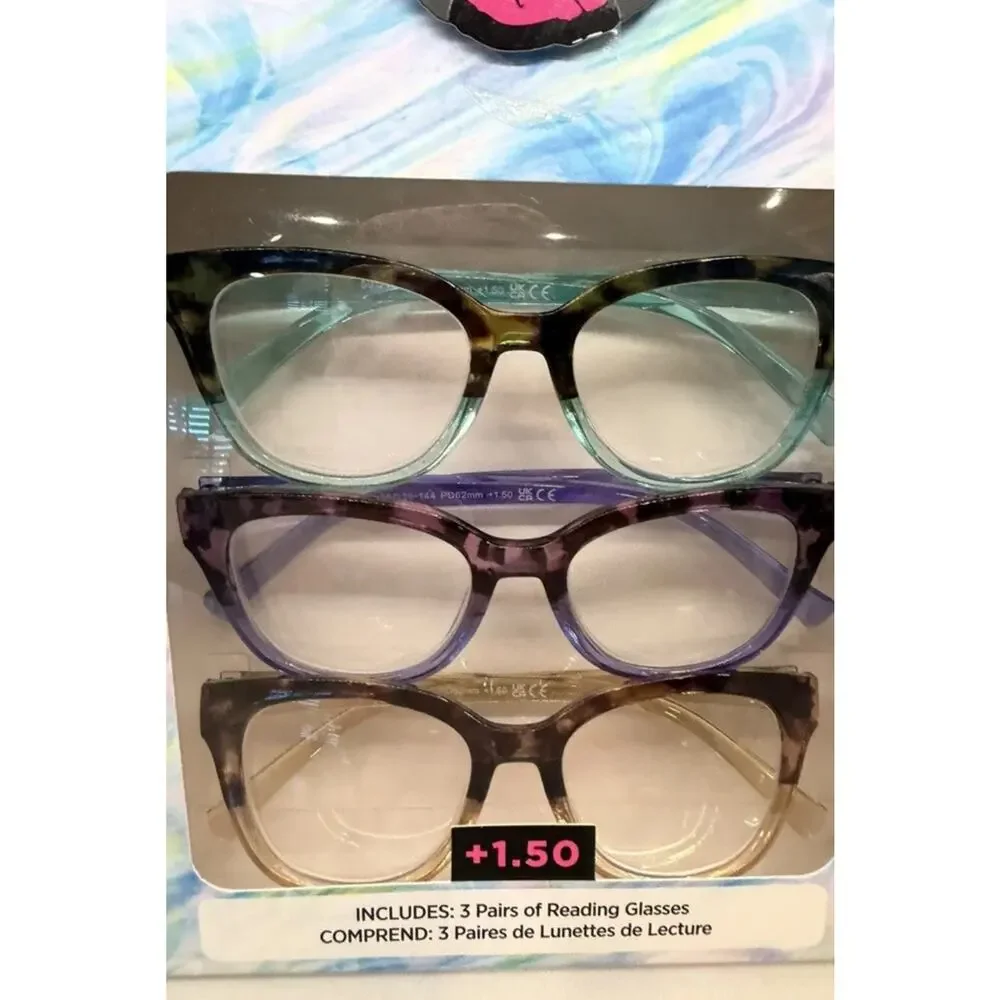 BETSEY JOHNSON 3 PACK PREMIUM READING GLASSES READERS +1.50 Cat Eye Retro NEW